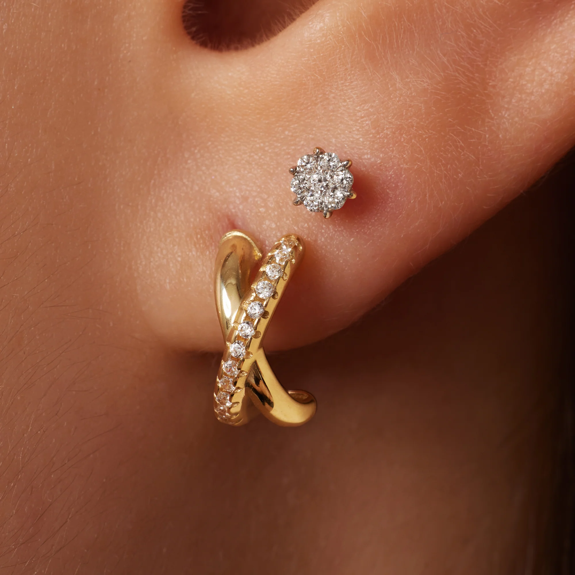 Cubic Zirconia Crossover Huggie Hoops (11 mm) - Image 3